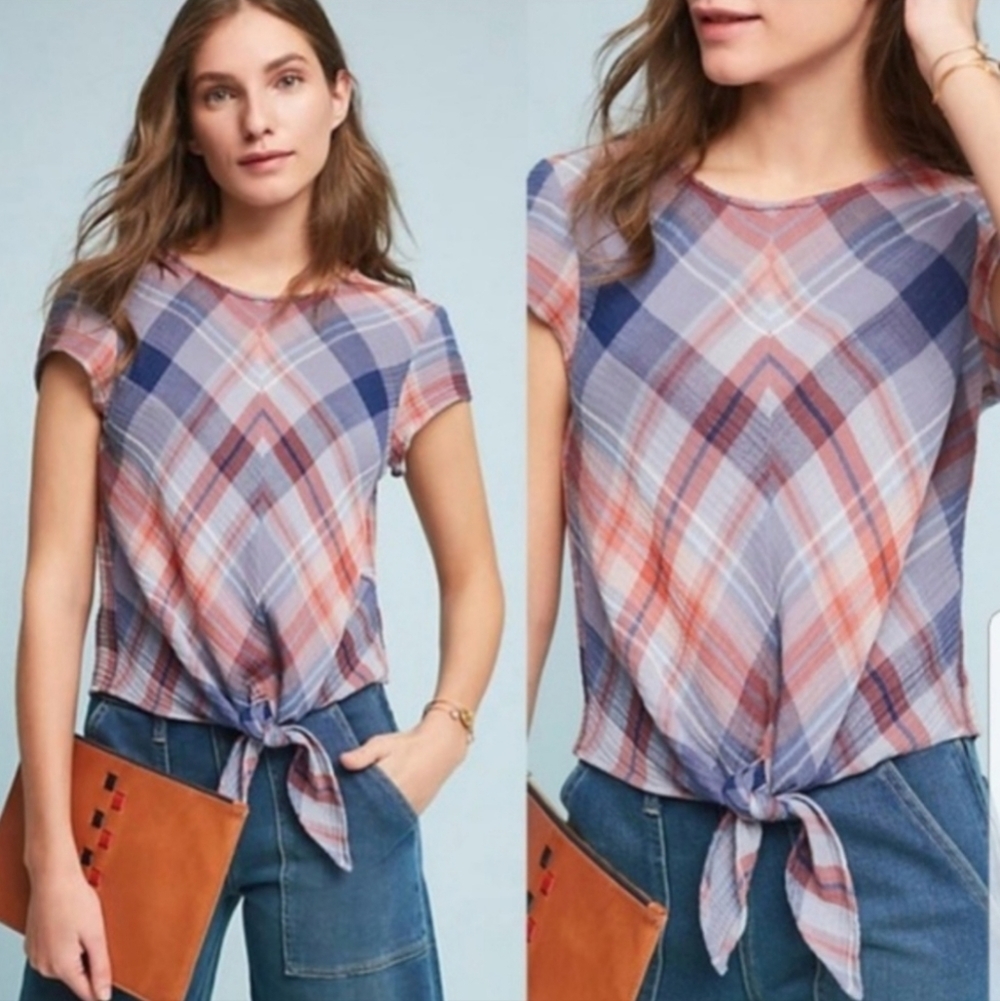 Anthro | Cloth & Stone Plaid Tie Front Top